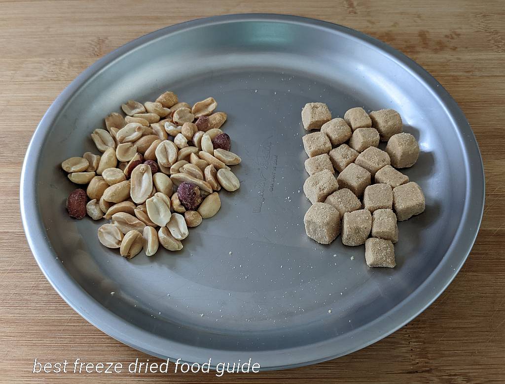 1 serving / 28 grams of Mountain House Peanut Butter Bites on a plate next to 28 grams of peanuts