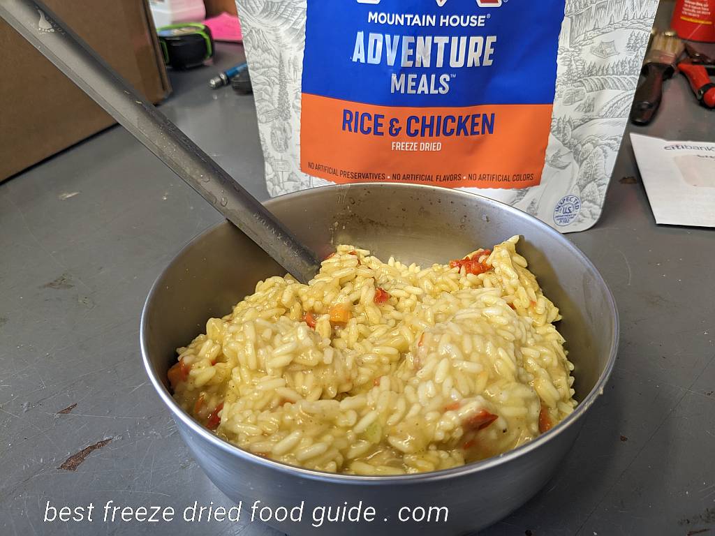 The Mountain House Rice and Chicken has hydrated for 15 minutes and is ready to eat | Mountain House Breakfast Skillet Review Mountain House Weekender Kit review | Mountain House Rice and Chicken contents | Freeze Dried Survival & Emergency Food | Freeze Dried Backpacking & Camping Food | Mountain House Freeze Dried Food