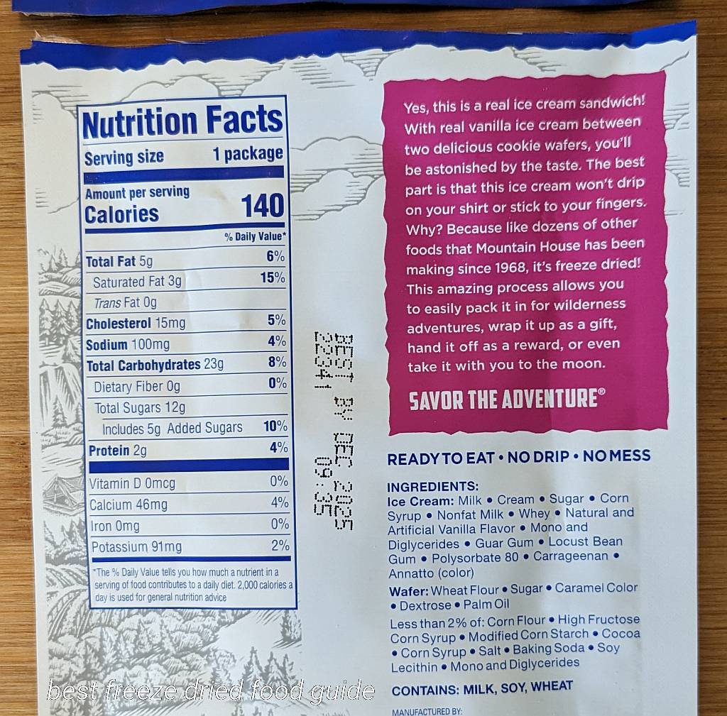 Mountain House vanilla ice cream sandwich nutrition label | Mountain House Vanilla Ice Cream Sandwich Review | Freeze Dried Survival & Emergency Food | Freeze Dried Backpacking & Camping Food | Mountain House freeze dried meals | Mountain House freeze dried food
