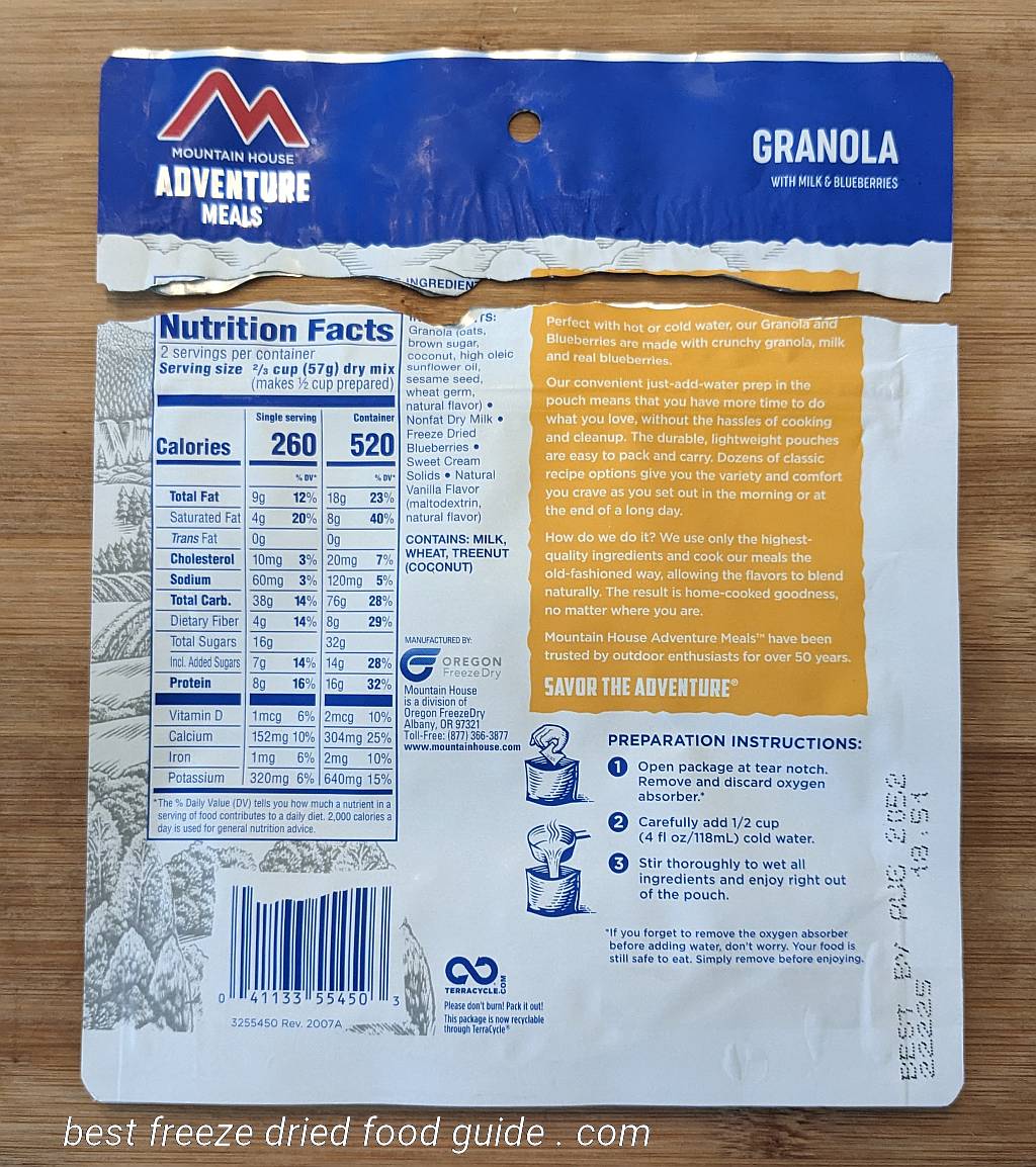 back of the empty Mountain House Granola freeze dried food pouch | Mountain House Granola with Milk and Blueberries Review | Mountain House Granola Review | Freeze Dried Survival & Emergency Food | Freeze Dried Backpacking & Camping Food | Mountain House freeze dried meals | Mountain House freeze dried food