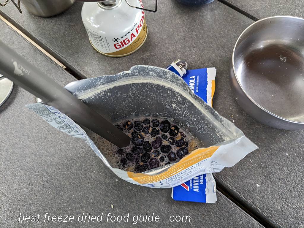 boiling water added to the Mountain House Granola pouch | Mountain House Granola with Milk and Blueberries Review | Mountain House Granola Review | Freeze Dried Survival & Emergency Food | Freeze Dried Backpacking & Camping Food | Mountain House freeze dried meals | Mountain House freeze dried food