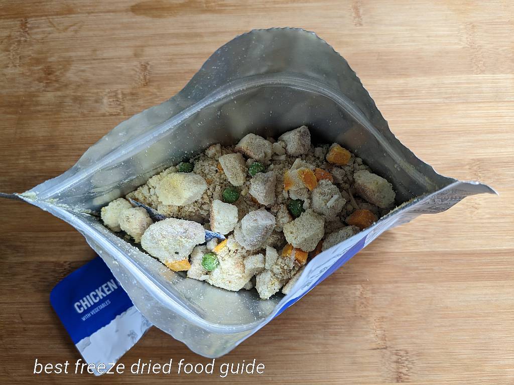 a view inside the Mountain House Chicken and Dumplings freeze-dried pouch | Mountain House Chicken and Dumplings Review | Freeze Dried emergency Food | Freeze Dried Camping Food | freeze-dried backpacking food | Mountain House freeze-dried meals | Mountain House freeze-dried food | freeze-dried camping food